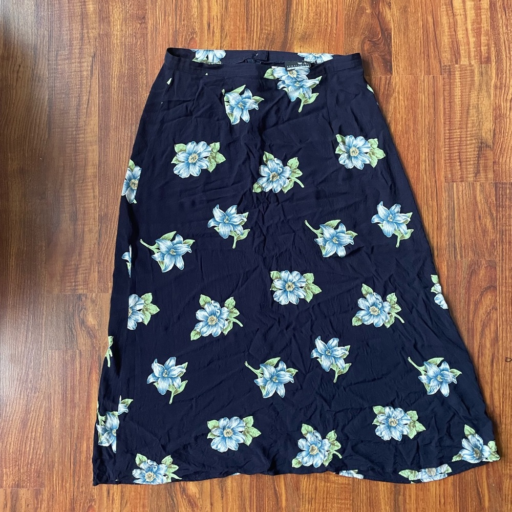 SALE Vintage 90s Navy Floral Midi Skirt